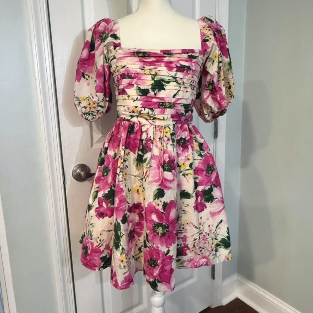 Abercrombie & Fitch Floral Pleated Puff Sleeve Mini Dress Pink Yellow S Tall NEW